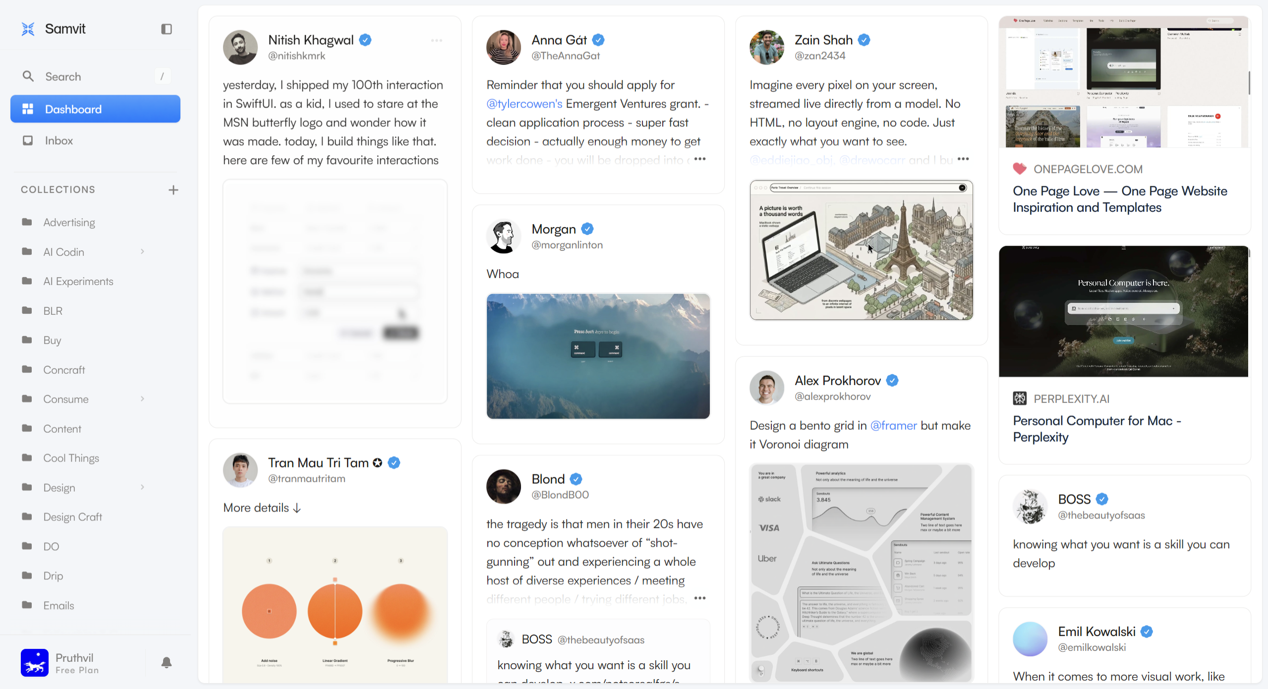 Samvit dashboard showing collections, saved items, and connected sources